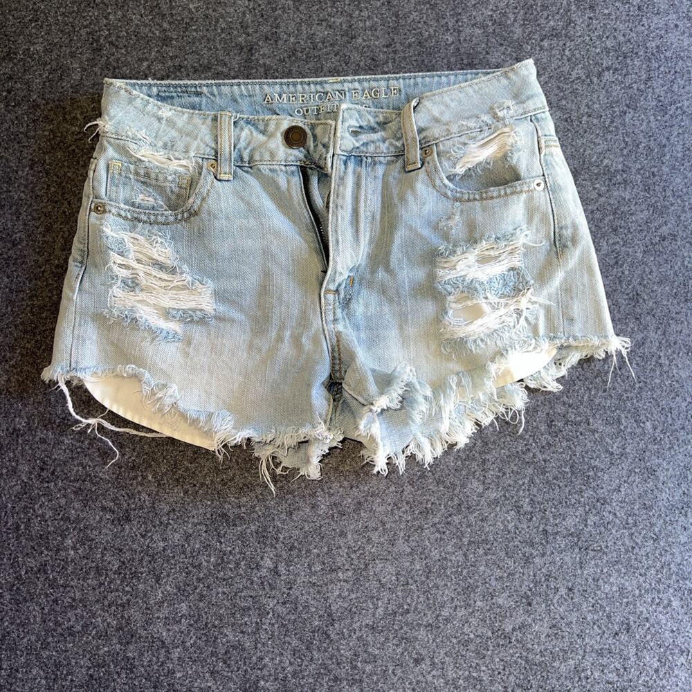 American Eagle Jean Shorts Size 2 Hi-rise Festival Distressed Light Blue Denim